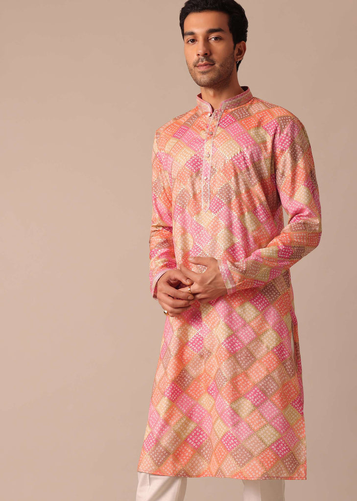 Peach Bandhani Printed Kurta Set In Silk