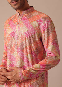 Peach Bandhani Printed Kurta Set In Silk