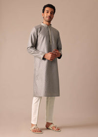 Grey Embroidered Kurta Set In Silk