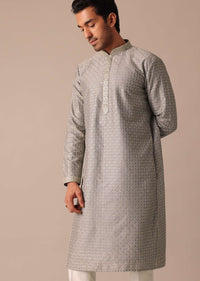 Grey Embroidered Kurta Set In Silk