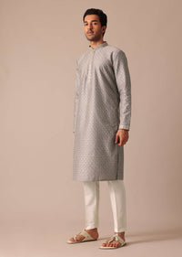 Grey Embroidered Kurta Set In Silk