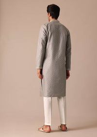 Grey Embroidered Kurta Set In Silk