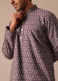 Purple Foil Work Kurta Set In Muslin Silk