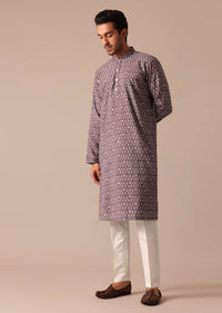 Purple Foil Work Kurta Set In Muslin Silk