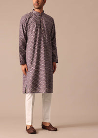 Purple Foil Work Kurta Set In Muslin Silk