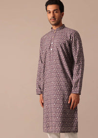 Purple Foil Work Kurta Set In Muslin Silk