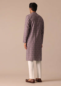 Purple Foil Work Kurta Set In Muslin Silk