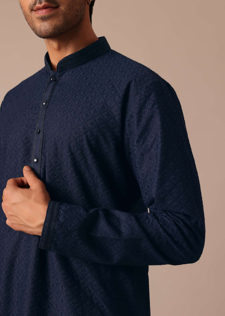 Navy Blue Kurta Set With Lucknowi Work