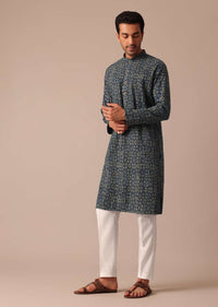 Blue Denim Printed Kurta Set With Pintuck Pattern