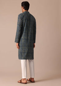 Blue Denim Printed Kurta Set With Pintuck Pattern