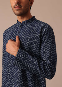 Navy Blue Printed Kurta Set In Denim With Mandarin Collar