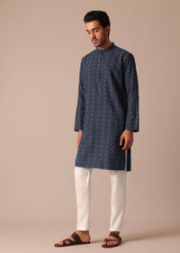 Navy Blue Printed Kurta Set In Denim With Mandarin Collar