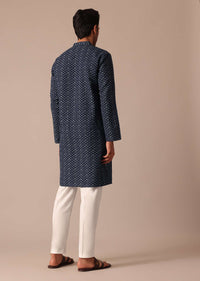 Navy Blue Printed Kurta Set In Denim With Mandarin Collar