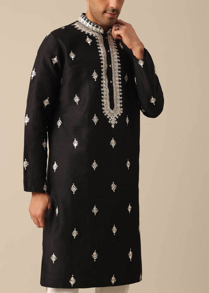Black Embroidered Kurta Set In Silk