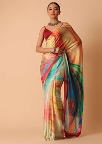 Multicolor Stone Embellished Saree With Abstract Print And Unstitched Blouse Piece