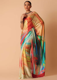 Multicolor Stone Embellished Saree With Abstract Print And Unstitched Blouse Piece