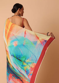 Multicolor Stone Embellished Saree With Abstract Print And Unstitched Blouse Piece