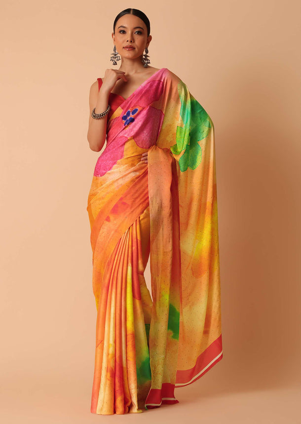 Multicolor Abstract Print Satin Saree With Unstitched Blouse Piece