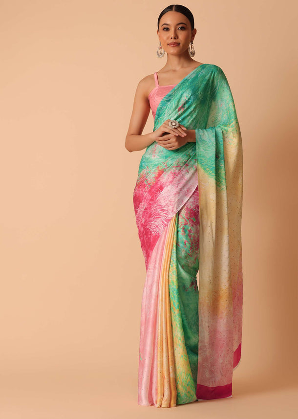 Multicolor Saree With Abstract Print And Unstitched Blouse Piece