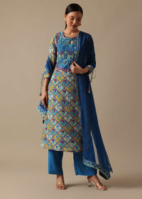 Blue Kurta Set With Floral Prints