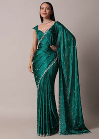 Peacock Green Saree In Satin Chinon With Scallop Border And Unstitched Blouse Piece