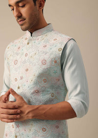 Blue Jacket Kurta Set With Floral Motif Embroidery