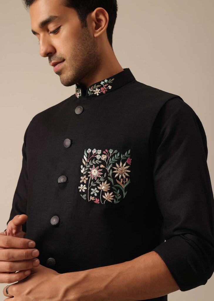 Black Linen Jacket And Kurta Set