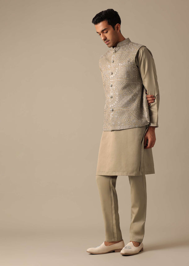 Green Silk Jacket And Kurta Set