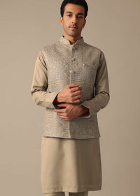 Green Silk Jacket And Kurta Set