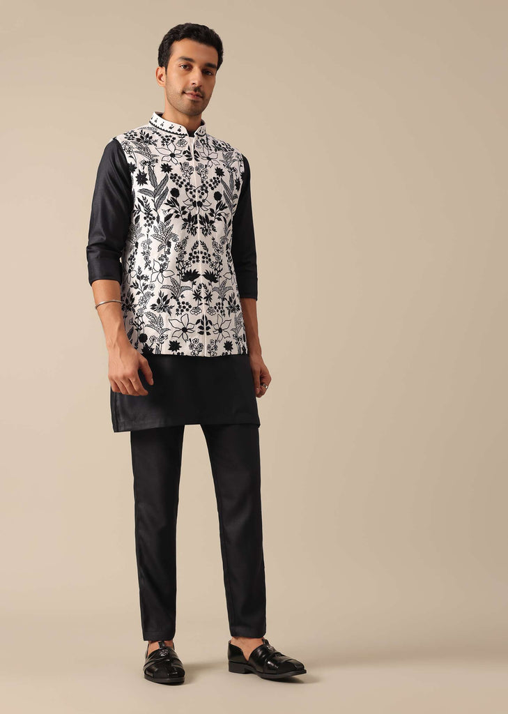 Black Floral Embroidered Jacket And Kurta Set