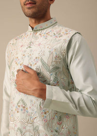 Light Pista Floral Threadwork Jacket And Kurta Set