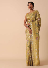 Golden Banarasi Khaddi Saree With Floral Print And Zari Work