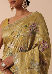 Golden Banarasi Khaddi Saree With Floral Print And Zari Work
