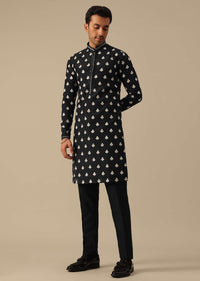 Black Kurta And Pant Set With Floral Motif Embellishments