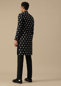 Black Kurta And Pant Set With Floral Motif Embellishments