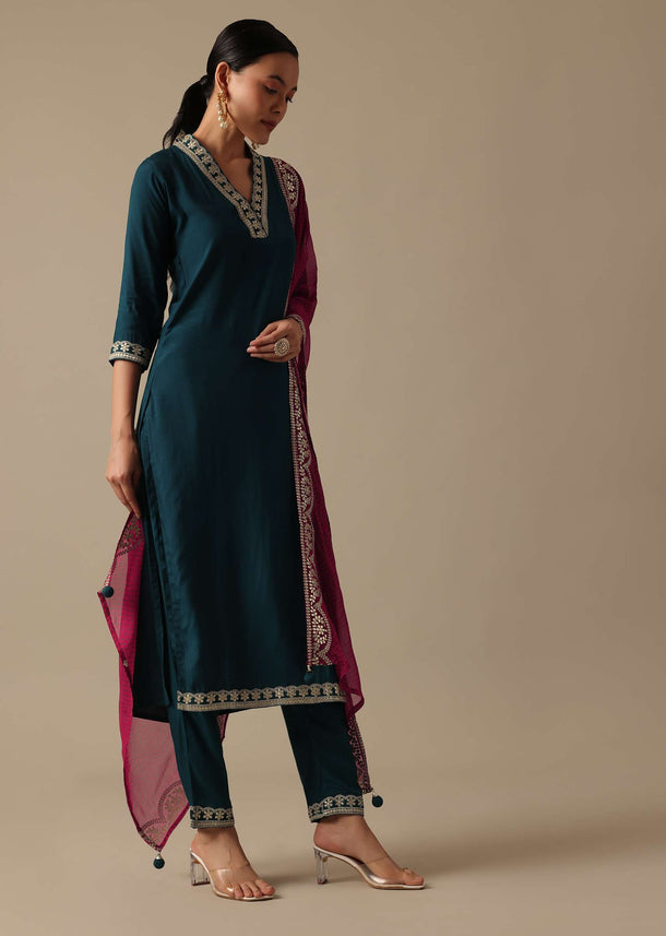 Teal Embroidered Kurta Set With Gota Patti Detail