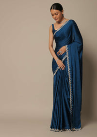 Blue Satin Saree With Stone Studded Border And Unstitched Blouse Piece