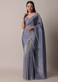 Grey Glass Tissue Saree With Mirror Work Border And Unstitched Blouse Piece