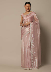 Onion Pink Tissue Saree With Cutdana Work And Unstitched Blouse Piece