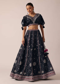 Black Satin Printed Lehenga Set