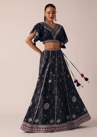 Black Satin Printed Lehenga Set