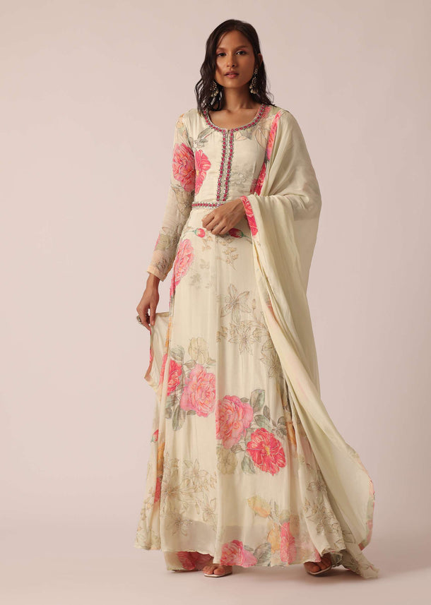 White Floral Print Long Kurta With Dupatta