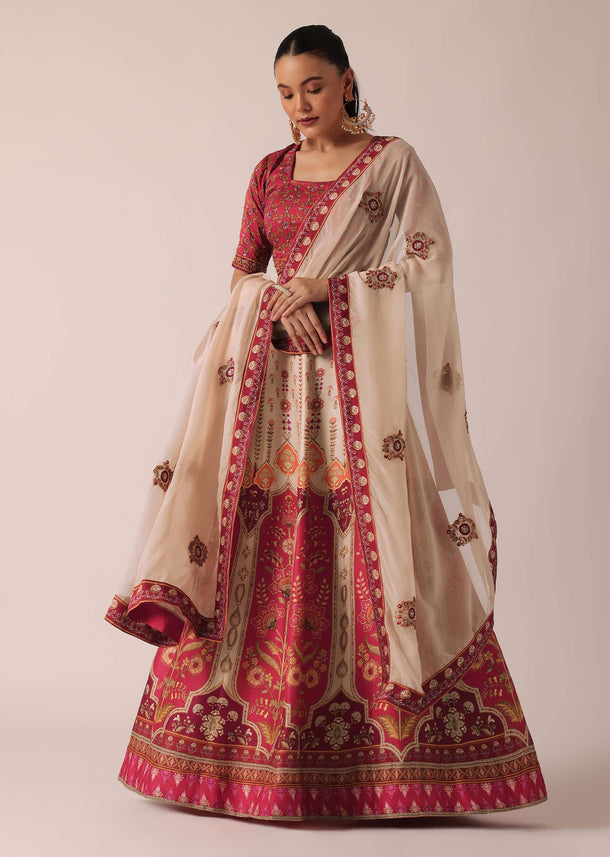 Red Floral Print Lehenga Set With Sequin Work