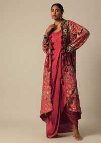 Red Printed Indo Western Jacket And Kurta Set