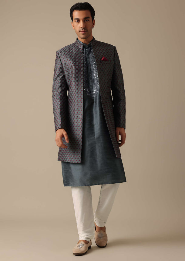 Grey Dupion Silk Sherwani Set With Mirror Work