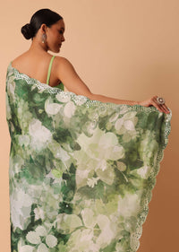 Green Printed Saree With Scallop Border And Unstitched Blouse Piece