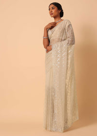 Mouse Grey Sequin Saree In Organza With Cutdana Work And Unstitched Blouse Piece