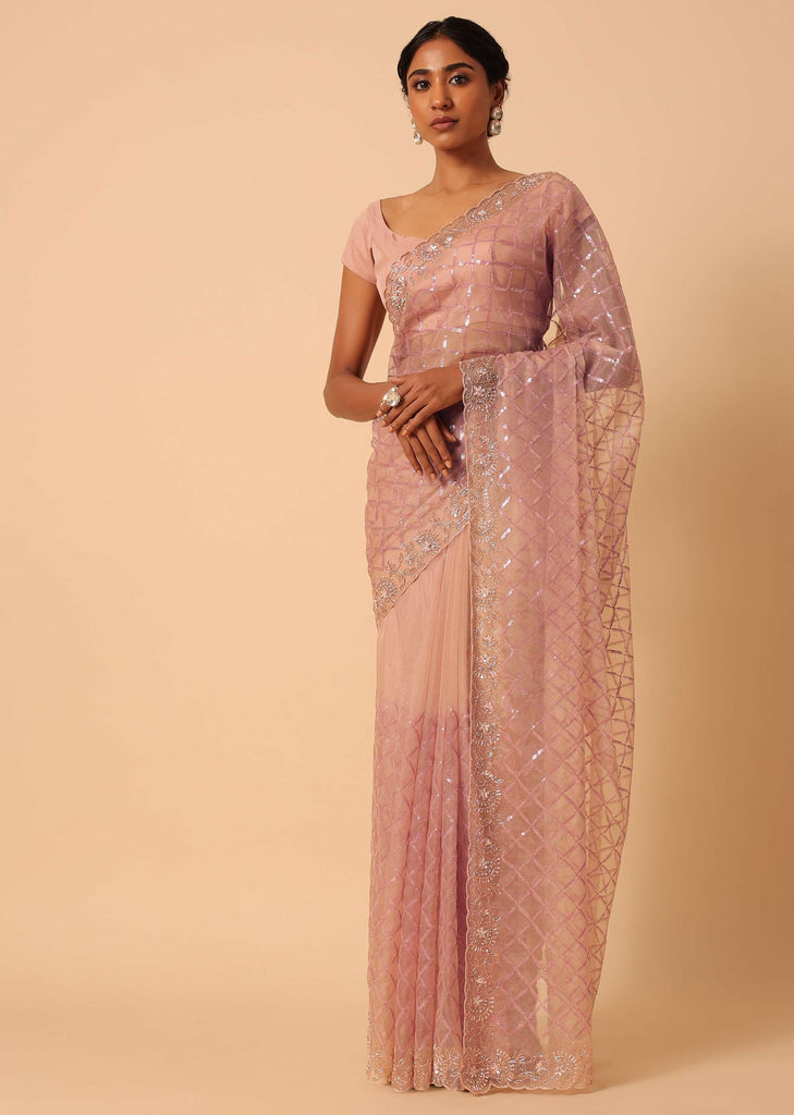 Peach Organza Saree With Cutdana Work And Unstitched Blouse Piece