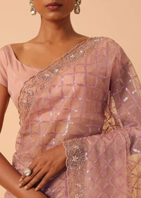 Peach Organza Saree With Cutdana Work And Unstitched Blouse Piece