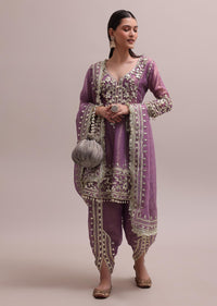 Lavender Purple Silk Gotta Patti Dhoti Set With A Kurta And Floral Dupatta